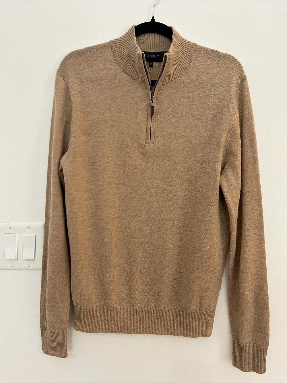 Quincy Men’s M 100% Wool Quarter Zip Sweater Camel Quiet Luxury